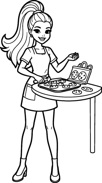 Barbie in an apron stands at a round table with a tray of chocolate chip cookies, with more cookies beside it.