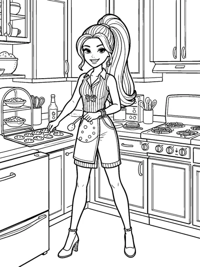 Barbie in a striped top, apron and shorts places cookies on a baking tray in a busy kitchen with cupboards and a cooker.