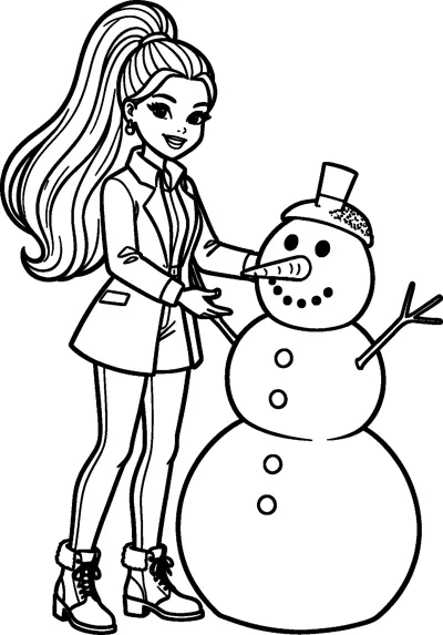 Barbie in a coat and fur-trimmed boots puts a carrot nose on a three-ball snowman with a top hat and twig arms.