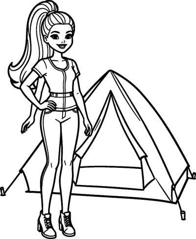 Barbie in a T-shirt, trousers and lace-up boots stands with one hand on her hip in front of a pitched tent.