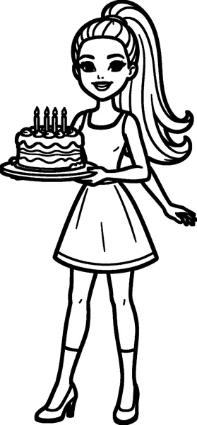 Barbie in a sleeveless dress carries a layered birthday cake with four lit candles on a plate, smiling broadly.