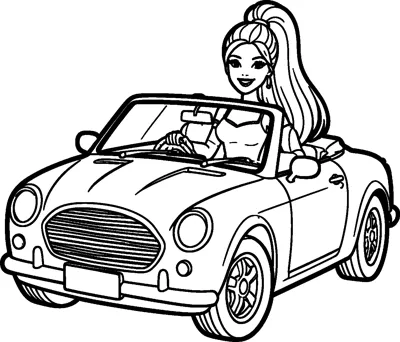 Barbie smiles from the driver's seat of a small convertible car with round headlights, a striped grille and the roof folded down.