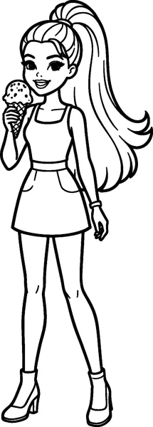 Barbie in a sleeveless top and short skirt holds an ice cream cone near her smiling face, with ankle boots on her feet.