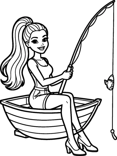 Barbie sits in a small wooden rowing boat holding a fishing rod, with a fish caught on the end of the line.
