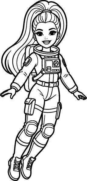 Barbie floats weightlessly in a space suit with a chest panel, belt pockets and laced boots, her hair streaming out behind her.