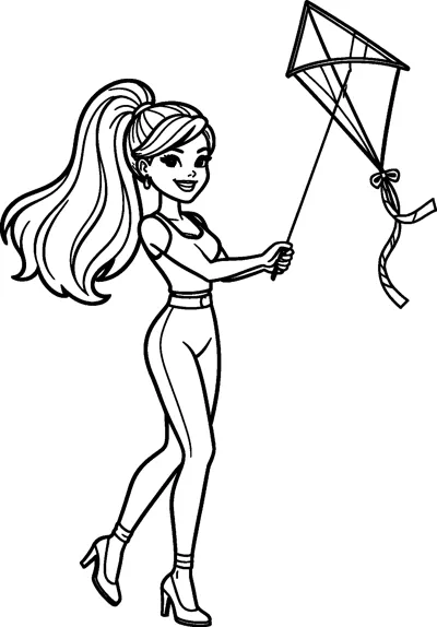 Barbie in a sleeveless top and leggings walks along holding the string of a diamond-shaped kite with a ribbon tail.