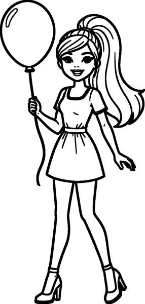 Barbie in a short-sleeved dress holds the string of a large round balloon high in one hand and smiles.