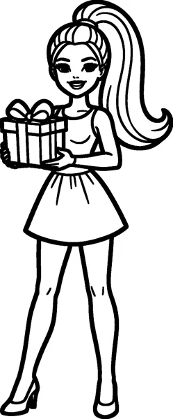 Barbie in a sleeveless top and flared skirt holds a square gift box tied with a big ribbon bow.