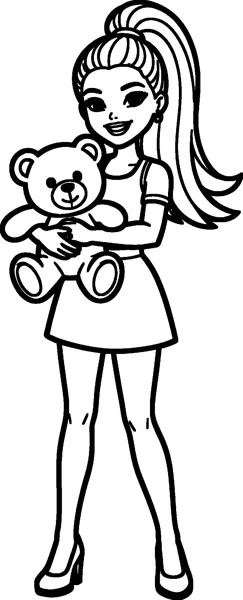 Barbie in a short-sleeved dress hugs a cuddly teddy bear in both arms and smiles happily.