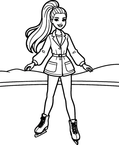Barbie in a belted coat and tights glides on ice skates across a frozen pond with snowy banks behind.