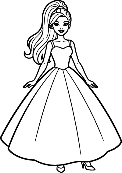 Barbie stands smiling in a long, full ball gown with a sweetheart bodice, her ponytail curling over one shoulder.