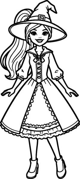 Barbie wears a wide-brimmed witch hat and a long frilly witch dress with puffed sleeves and a bow at the collar.