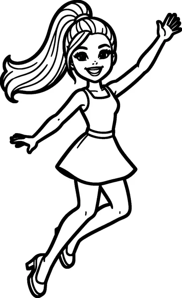 Barbie leaps into the air with one arm raised high, wearing a sleeveless dress with a flared skirt and her ponytail flying.