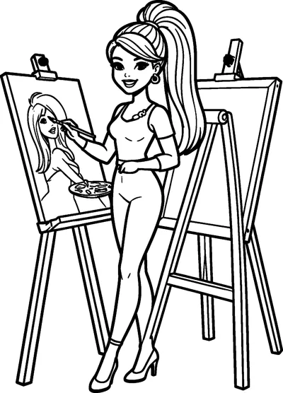 Barbie stands at an easel holding a paintbrush and palette, painting a portrait, with a second easel beside her.