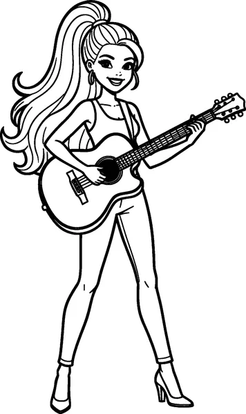 Barbie in a tank top and trousers stands strumming an acoustic guitar, smiling, with her long ponytail swaying.