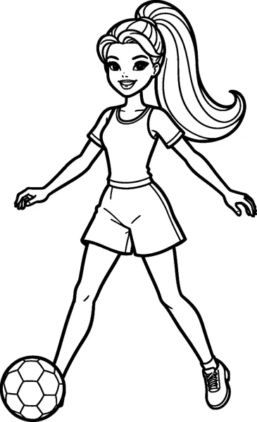 Barbie in a sports top, shorts and football boots runs towards a football, ready to kick it.