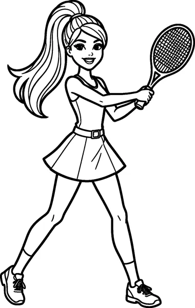 Barbie in a sleeveless tennis top, pleated skirt and trainers swings a tennis racket with both hands, her ponytail flying.