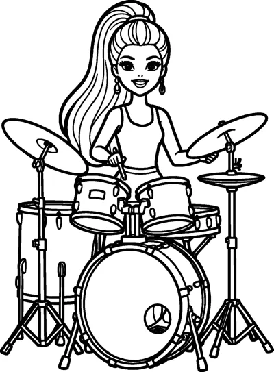Barbie sits behind a full drum kit with cymbals, tom drums and a big bass drum, holding drumsticks and smiling.