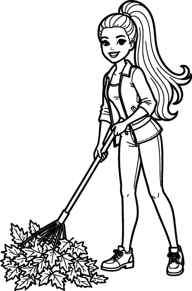 Barbie in a jacket, leggings and trainers rakes a pile of maple leaves on the ground, smiling as she works.