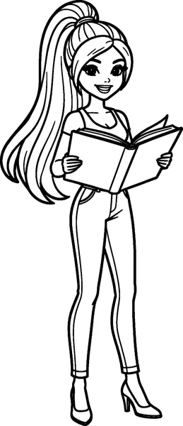 Barbie stands in a tank top, jeans and heels, holding a large open book and smiling as she reads.