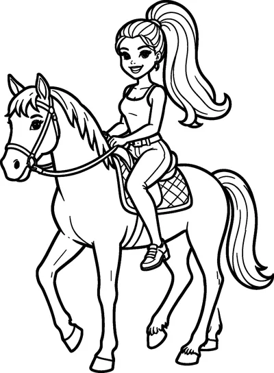 Barbie sits on a saddle riding a walking horse, holding the reins, with her long ponytail swinging behind her.