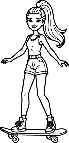 Barbie in a tank top, cuffed shorts and high-top trainers balances on a skateboard with her arms stretched out.
