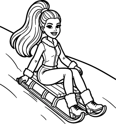 Barbie in a fur-trimmed winter jacket, trousers and fluffy boots rides a wooden sled down a snowy slope.