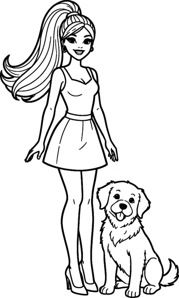 Barbie in a sleeveless top and skirt stands next to a fluffy puppy that sits at her feet with its tongue out.
