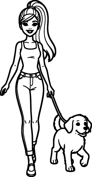 Barbie in a tank top and jeans walks along holding a lead attached to a happy, fluffy puppy trotting beside her.