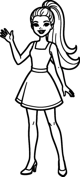 Barbie in a sleeveless dress with a full skirt waves hello with one raised hand, smiling with her ponytail behind her.