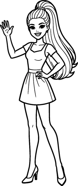 Barbie with a high ponytail waves hello with one hand while resting the other on her hip, wearing a short-sleeved top and skirt.