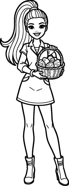 Barbie in a collared shirt dress and boots holds a woven basket filled with patterned Easter eggs.