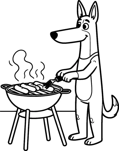 Bandit, the tall heeler dad from Bluey, stands upright turning sausages on a round kettle barbecue as steam curls up from the grill.