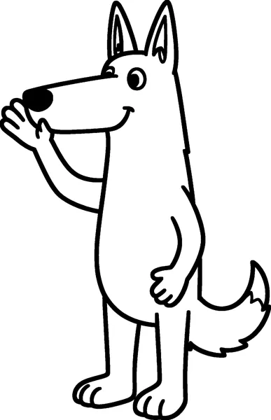 Bandit, Bluey's tall heeler dad, stands upright on long legs and waves one paw beside his long snout with a smile.