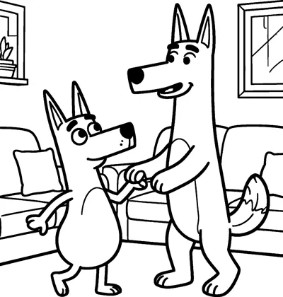 Bluey holds hands with her tall dad Bandit as they dance together in a living room with a sofa, cushions and windows.