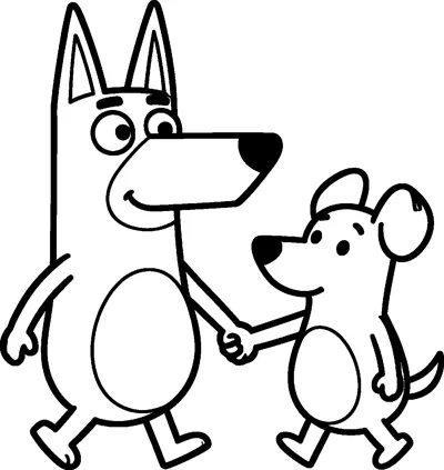 A line drawing of Bluey walking hand in hand with her smaller sister Bingo, both smiling as they stroll along together.