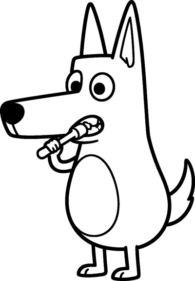 Bluey stands upright holding a toothbrush in her mouth, brushing her teeth with wide eyes and her tail sticking out behind.