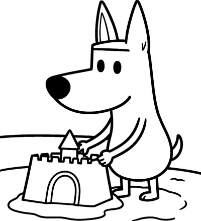 A line drawing of Bluey smiling as she pats a sandcastle with a doorway and a pointed tower on a sandy beach.