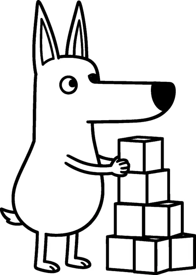 A line drawing of Bluey standing beside a tall stack of toy blocks and carefully placing her paw on the top one.