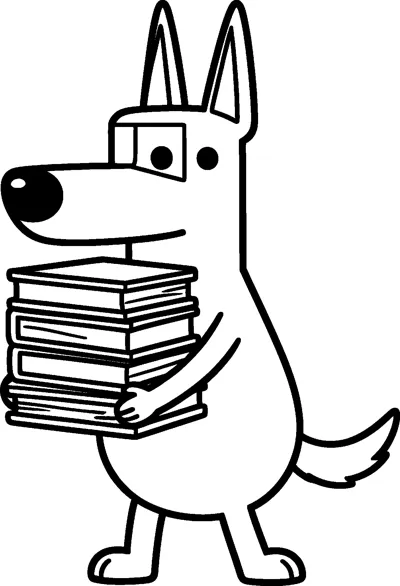 A drawing of Bluey standing in side view hugging a tall stack of four books against her chest.