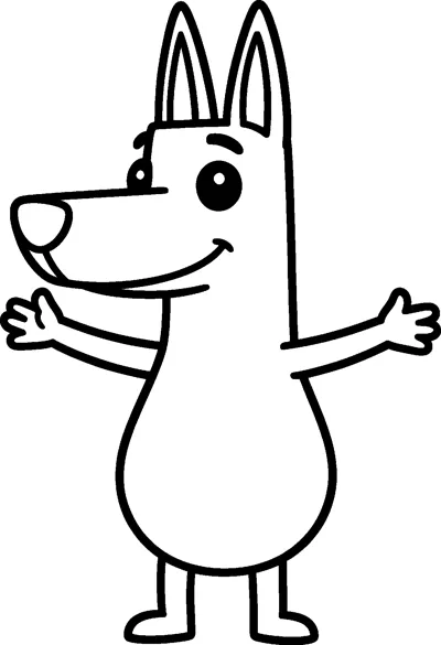 A cheerful line drawing of Bluey standing with both arms stretched wide as if dancing, with a big smile on her face.