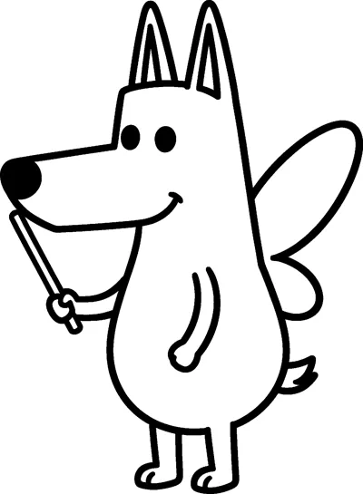 Bluey wears a pair of rounded fairy wings on her back and holds up a thin wand while smiling happily.