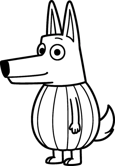 A line drawing of Bluey wearing a round, ribbed pumpkin costume with her head, ears, arms and tail poking out.