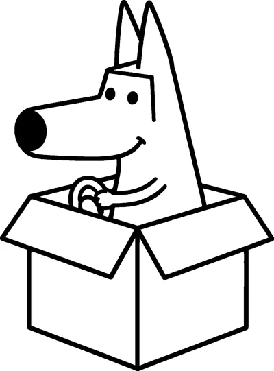 A drawing of Bluey sitting inside an open cardboard box holding a steering wheel as if driving a car.