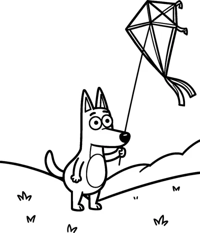 A line drawing of Bluey standing on a grassy hill and holding the string of a diamond kite with ribbon tails.