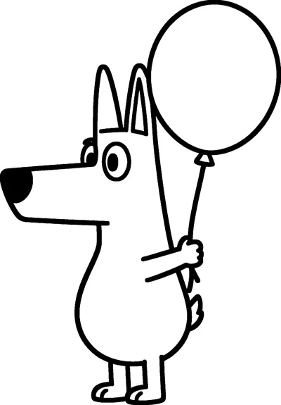 A simple drawing of Bluey standing side-on and holding the string of a big round balloon that floats above her head.