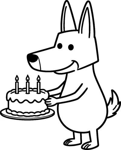 A drawing of Bluey holding out a round birthday cake topped with three lit candles on a plate.