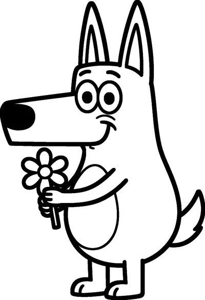 Bluey stands smiling with big round eyes and holds a single daisy-like flower on a stem in one paw.