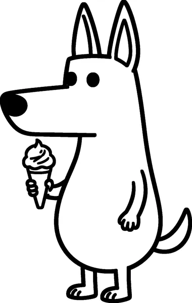 A drawing of Bluey standing in side view holding a swirly soft-serve ice cream cone in one paw.