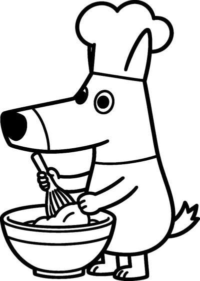 A drawing of Bluey wearing a tall chef hat and whisking a mixture in a large mixing bowl.